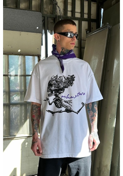 Beyaz Flu Skull Oversize Tişört Beyaz