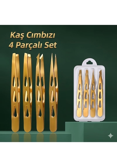 Profesyonel 4'lü Kaş Cımbız Seti - Altın Renkli Paslanmaz Çelik Şık Taşıma Kutulu Set