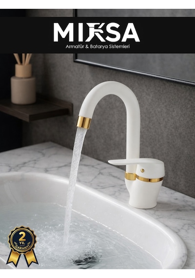 Lüx Beyaz-gold Baston Borulu Banyo Lavabo Bataryası, Musluğu, Çift Su Girişli