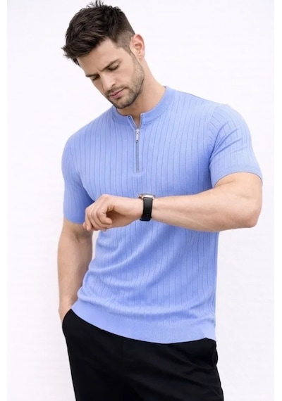 Vexor Erkek Kısa Kol Fitilli Triko T-shirt Yazlık Hakim Yaka Tişört - Bebek Mavisi