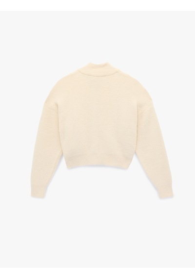 Koton Koton X Sibil Çetinkaya - Uzun Kollu Dik Yaka Fermuarlı Peluş Hırka Ekru 6wak90398ht