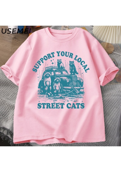 Flood Of Style Destek Yerel Sokak Kedi T-shirt Komik Rakun Sevgilisi Karikatür T Shirt Yaz Pamuk Kısa Kollu Pembe