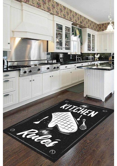 Siyah Kaymaz Tabanlı My Kitchen My Rules Mutfak Halısı Mt46n11