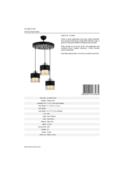 Avonni Av-60193-3t-bsy Siyah Boyalı Modern Avize E27 Metal Cam 40cm Çok Renkli