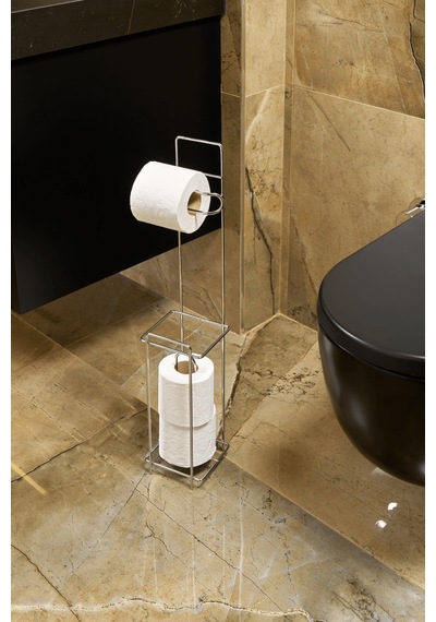 Parlak Silver Metal Ayaklı Tuvalet Kağıtlığı Ve Yedek Rulo Standı Modern Wc Kağıtlık