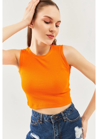 Butikgiz Kadın Sıfır Kol Bisiklet Yaka Vücuda Oturan %100 Pamuklu Kaşkorse Esnek Crop Bluz Turuncu