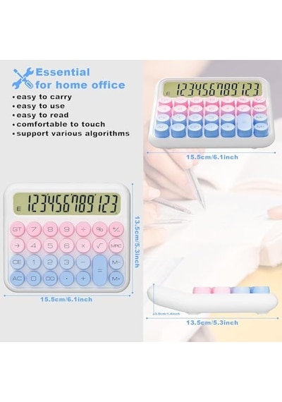 Renkli Dijital Hesap Makinesi, 15.5 Cm X 13.5 Cm, Lcd Ekranlı, Ev Ve Ofis İçin 124-Pembe
