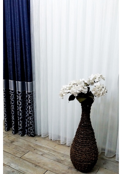 Evdepo Home Kullanıma Hazır Mavi Çizgili Tül Perde