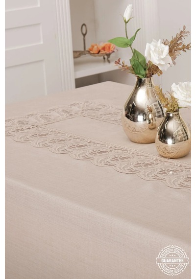 Narin Lüx Dantelli Keten Kumaş Bej Masa Örtüsü 160x230 Cm - 1125 Çok Renkli