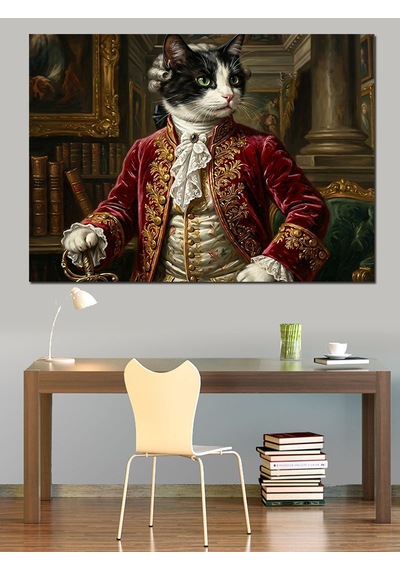 Aristokrat Kostümlü Kedi Portresi Dekoratif Kanvas - Mdf Ahşap Tablo
