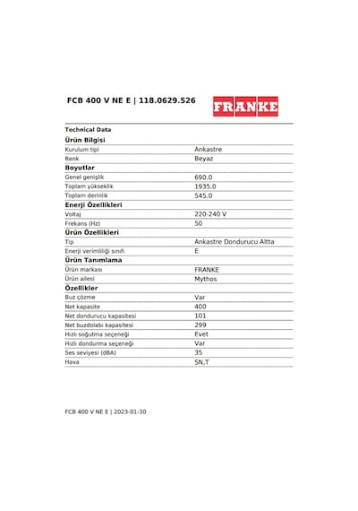 Franke FCB 400 V NE E 401 LT Kombi Ankastre Buzdolabı