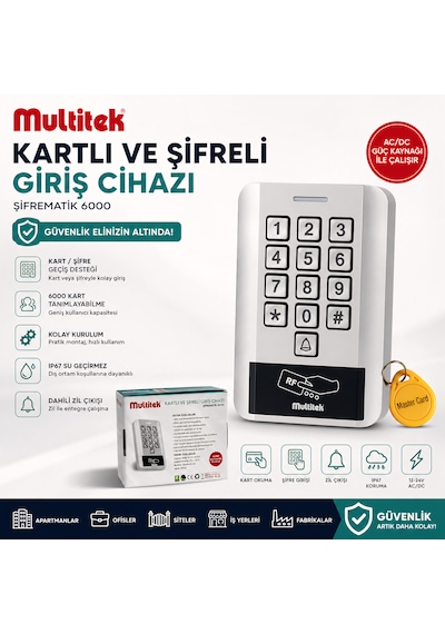 Multitek Kartlı Ve Şifreli Giriş Cihazı Ip67 Su Geçirmez, 6000 Kullanıcı Kapasiteli, Metal Gövde Geçiş Kontrol Ünitesi 12-24v