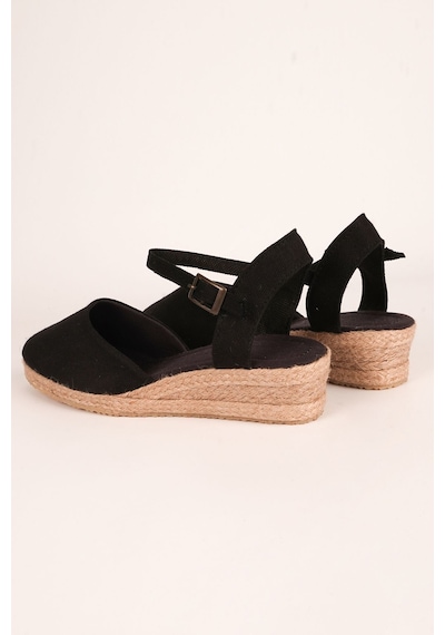 Star Tombis Gerçek Elişi Topuğu Açık Bilekten Bantlı 3cm Dolgu Topuk Siyah Keten Hasır Espadril Handmade Siyah