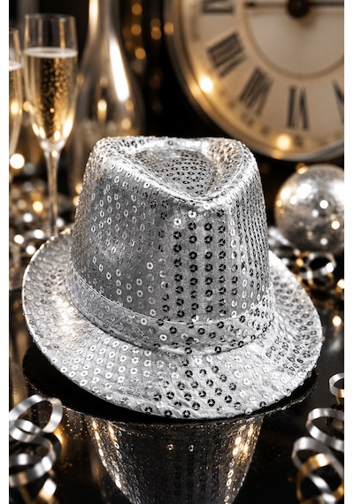 Işıklı Pullu Lüks Gümüş Silver Fötr Parti Şapkası 58 Cm Baş Çevresi Yılbaşı Doğum Günü