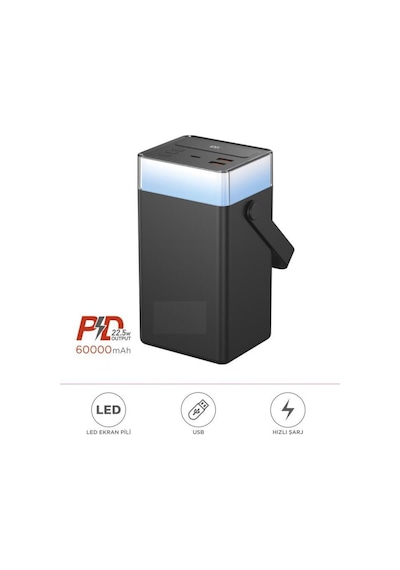 1061 60.000 Mah Type-c Lightning 22,5 W Hızlı Şarj Rgb Led Işıklı Powerbank Siyah Beyaz
