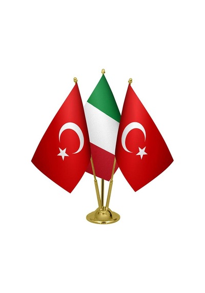 Masa Üstü İtalya Bayrağı Türk Bayrağı Üçlü Pirinç Direk Masa Bayr