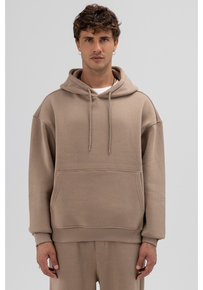 Vamos Basic Oversize Kapüşonlu Sweatshirt Vizon