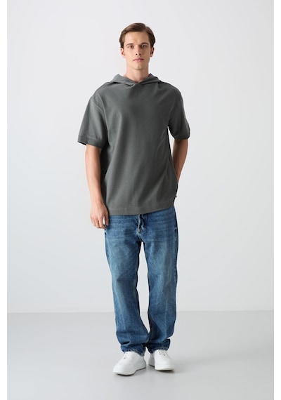 Tommy Life Haki Pamuklu Kalın Yüzeyi Dokulu Oversize Fit Basic Erkek T-shirt - 88335 Haki