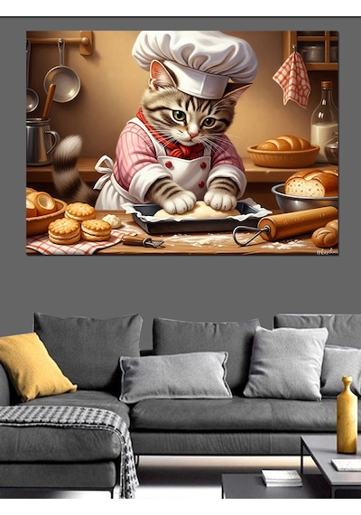 Ahşap Tablo Mutfakta Hamur Açan Şef Kedi