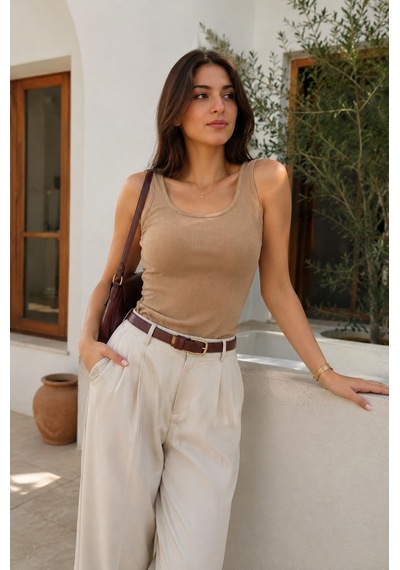 Unika Boutique Kadın Fittili Kalın Askılı Crop Atlet Vizon