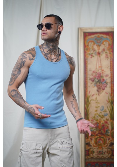 Slim Fit Kaşkorseli Esnek Düz Erkek Sporcu Atlet Mavi