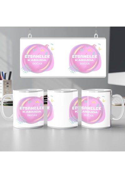 Efsaneler Kasımda Doğar Yazılı Doğum Günü Kupa Bardak Renkli Ve Enerjik Pembe Tasarım Hediye Beyaz