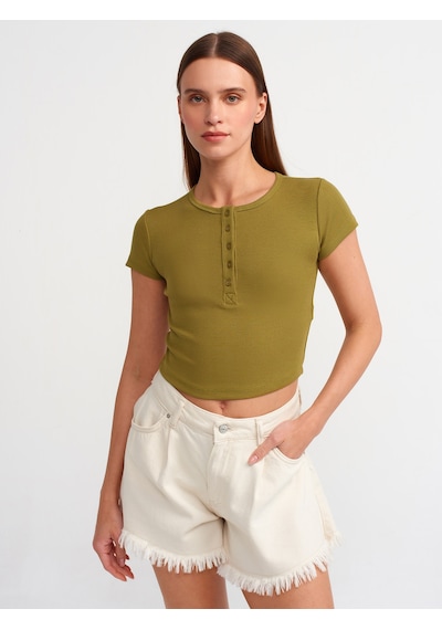 Dilvin Düğme Detaylı Detaylı Crop Top Haki