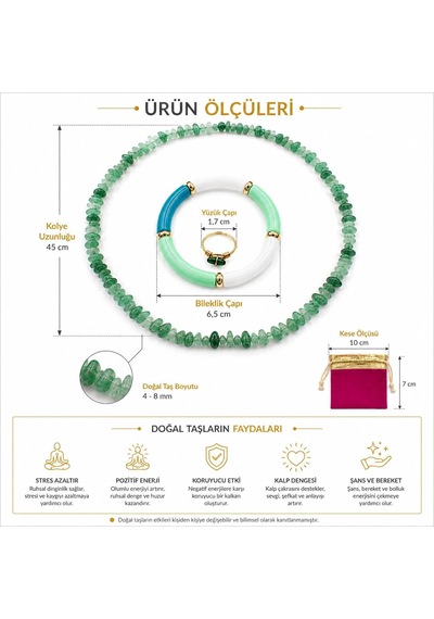 Aventurin Doğal Taş Takı Seti Kolye Bileklik Ayarlanabilir Yüzük Ve Kadife Kese Altın