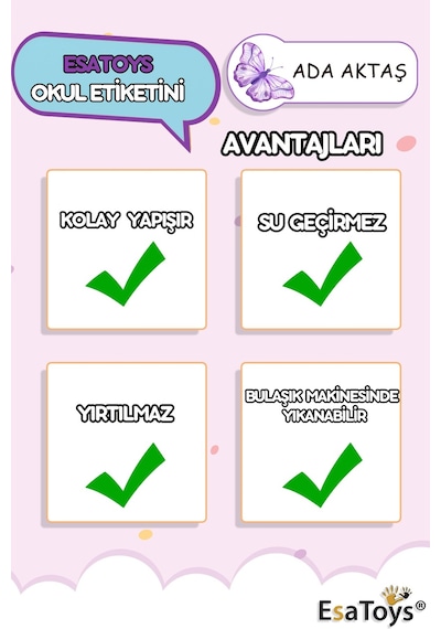 Kelebek Temalı Özel İsminiz Yazılı Okul Etiketi Diğer