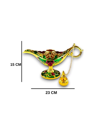 Aladdin Sihirli Lambası Mineli Renkli İşlemeli Dekoratif Biblo Alaattin Metal Çelik 23x15 CM