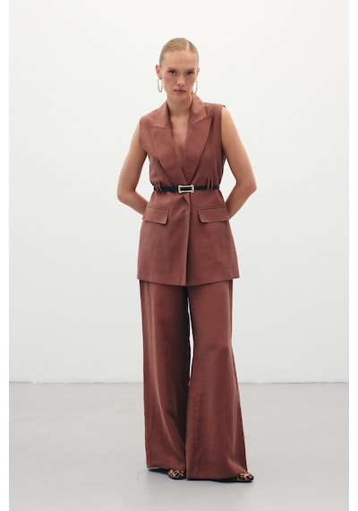 Sateen Salaş Keten Pantolon - Kahve-136262 Kahve