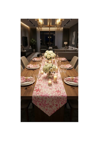 %100 Pamuk Simli Kumaş Pembe Desenli Üçgen Runner 40x110 Pembe - 890395106 Pembe