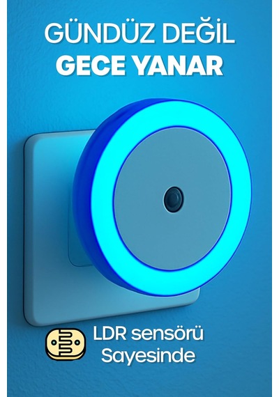 Otomatik Gece Lambası Işığa Duyarlı Ldr Sensörlü Fotoselli Karanlık Sensörlü Işık Daire Mavi Diğer
