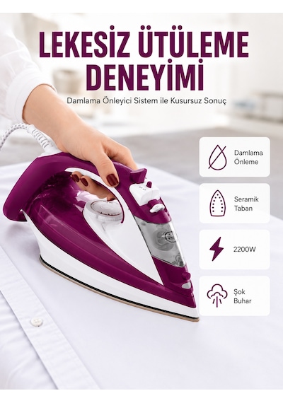 Yeni Nesil Kırmızı Buharlı Ütü 2200 Watt Seramik Tabanlı Yüksek Buhar Gücü Yeni Nesil - Lisinya