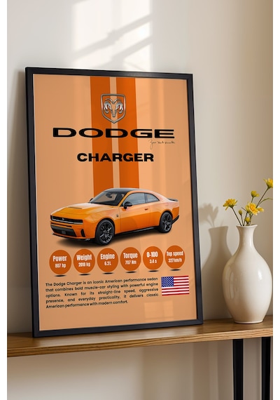 Dodge Charger Araba Tablosu - Teknik Özellikli Otomobil Poster - Çerçeveli Duvar Dekoru Siyah