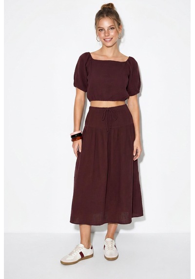 Shade Kadın Balon Kollu Crop Bluz Bağlama Detaylı Pamuklu Müslin Etek Takım Yc2728 60286287 - Mürdüm Shade Kadın Balon Kollu Crop Bluz Bağlama Detaylı Pamuklu Müslin Etek Takım Yc2728 60286287 - Mürdüm