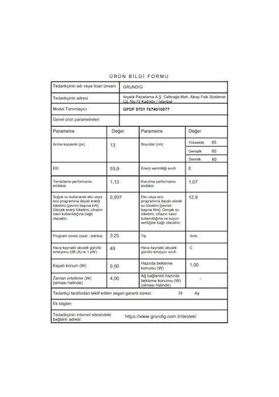 Grundig GPDF 5701 5 Programlı Bulaşık Makinesi