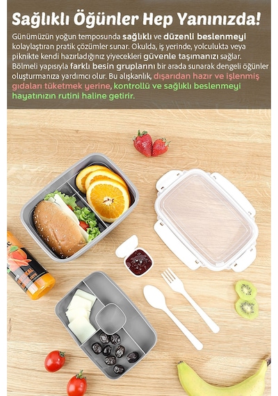 2 Katlı Kilitli Kapak Yemek Kabı - Bölmeli Lunch Box Diyet Beslenme Kutusu Sosluk Çatal Kaşık Gri