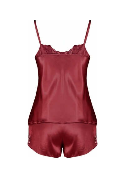 Bordo Dantel Detaylı İp Askılı Saten Şort Pijama Takım