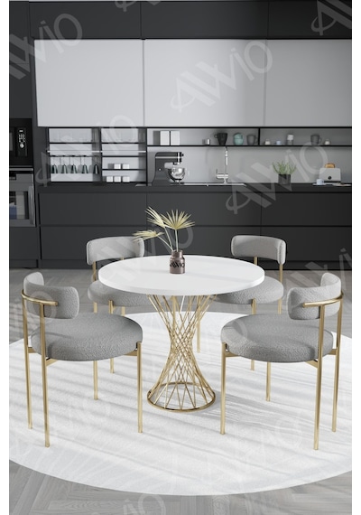 Avvio Tiny Mat Gold Teddy Sandalye 90x90 Yuvarlak Yemek Masası Mutfak Masası Masa Sandalye Takımı Beyaz