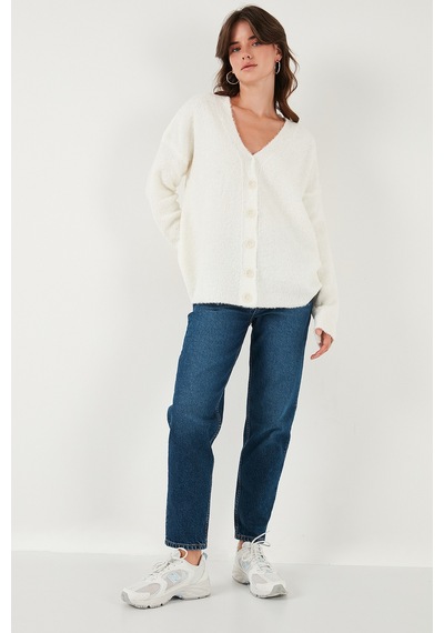 Lela Oversize Fit Düğmeli V Yaka Uzun Kollu Triko Bayan Hırka 4616232 Taş