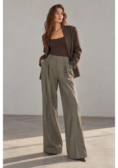 Açelyaokcu Premium Ballard Orta Bel Geniş Paça Dokuma Pantolon Vizon