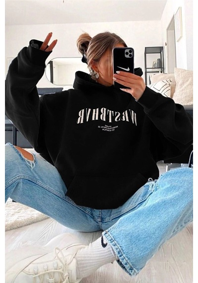 Tarzsokak Unisex Wrstbhr Baskılı Oversize Kapüşonlu Sweatshirt Siyah