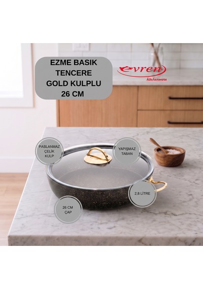 20 Cm Goldstone Ezme Seri Granit Basık Tencere, Non-stick Pilav Karnıyarık Tenceresi 1,7 Lt Çelik Kulp 26 Cm