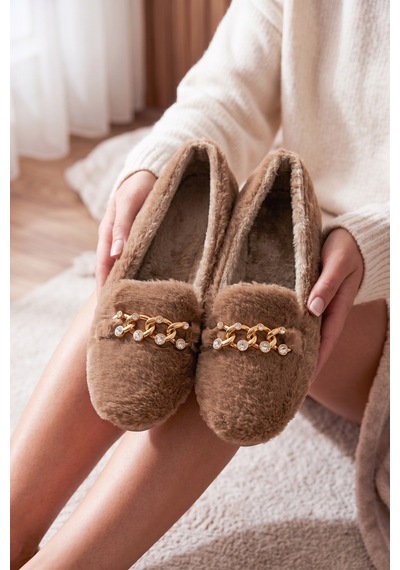 Nmoda Kadın Peluş Panduf Gold Zincir Taşlı Aksesuarlı Kapalı Loafer Yumuşak Tabanlı Kışlık Rahat Babet Vizon