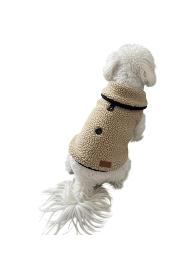 Kışlık Peluş Köpek Yelek, Sıcak Tutan Düğmeli Yumuşak Polar Küçük Irk Köpek Kıyafeti, Bej Siya