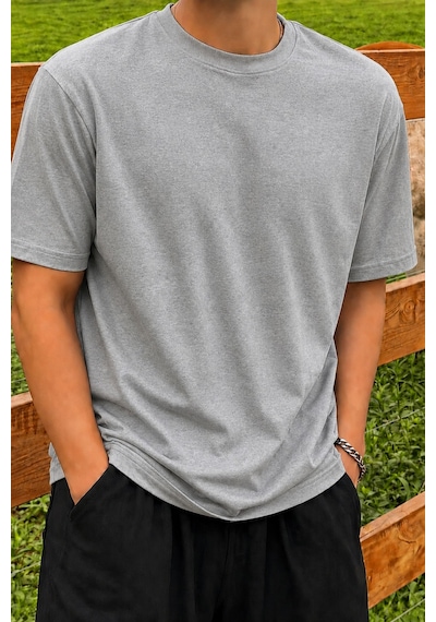 Tarz Cool Erkek Regular Fit Bisiklet Yaka Basic Tişört 2 İplik Şardonsuz %100 Pamuk Günlük Rahat T-shirt Gri