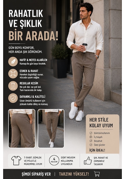 Luxıc Core Erkek Keten Karışımlı Casual Pantolon Rahat Kalıp Şık Tasarım Kahverengi