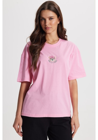 Tudors Kadın Oversize Geniş Kesim %100 Pamuk Bisiklet Yaka Kısa Kollu Baskıllı Pembe Tişört -50801