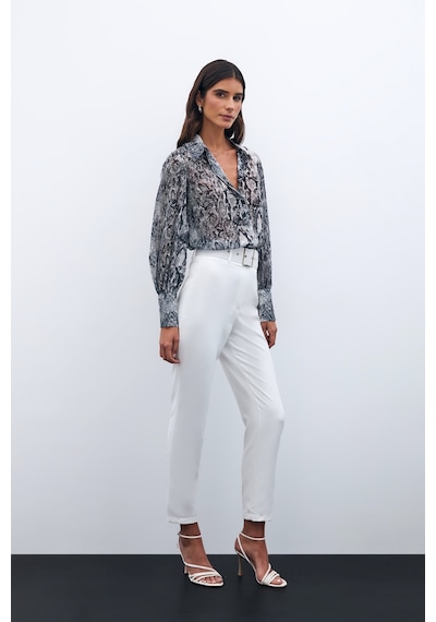 Sateen Yüksek Bel Kemerli Pantolon - Ekru